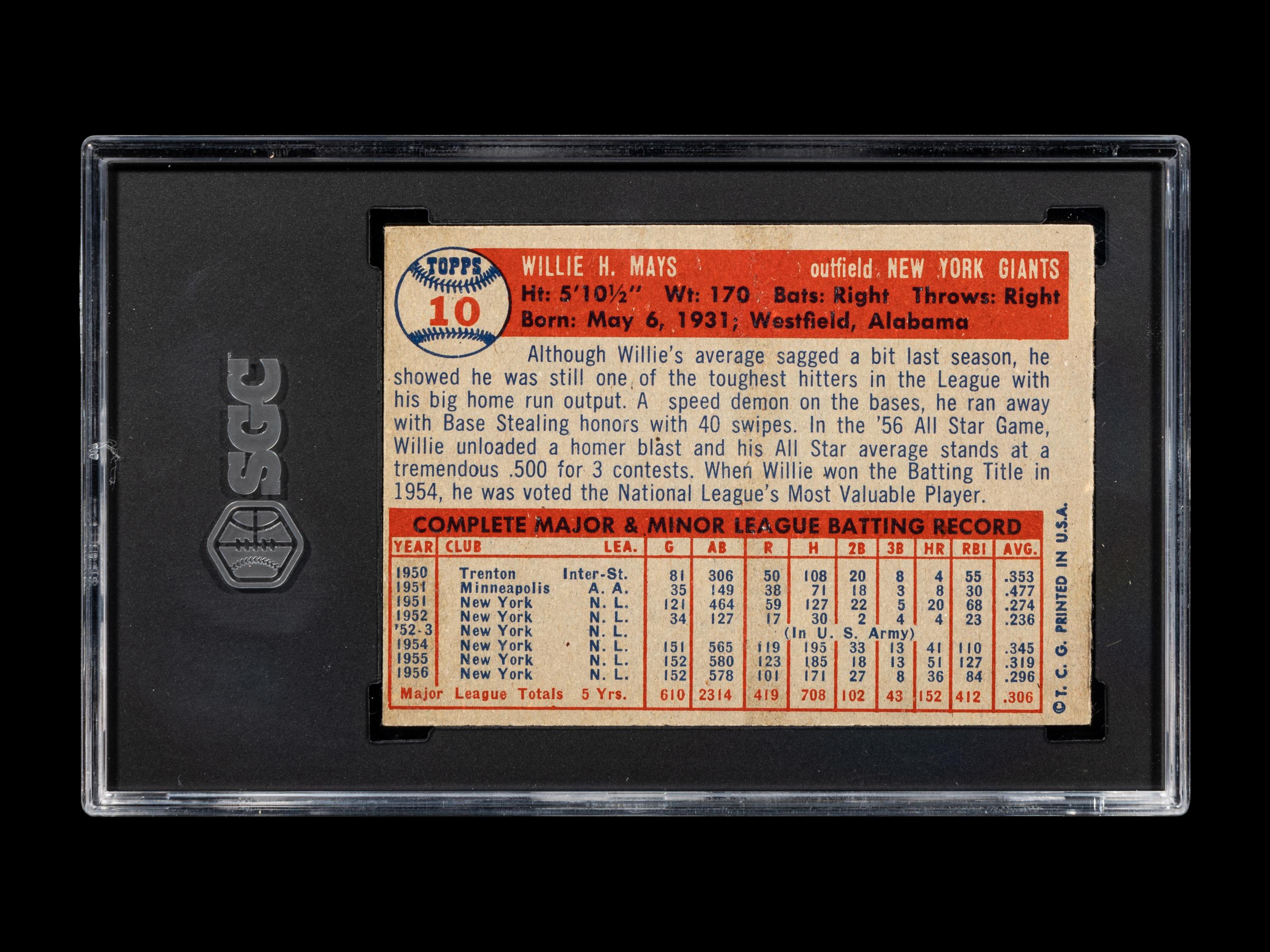 A 1957 Topps Willie Mays Baseball Card No. 10 (SGC 5 EX)