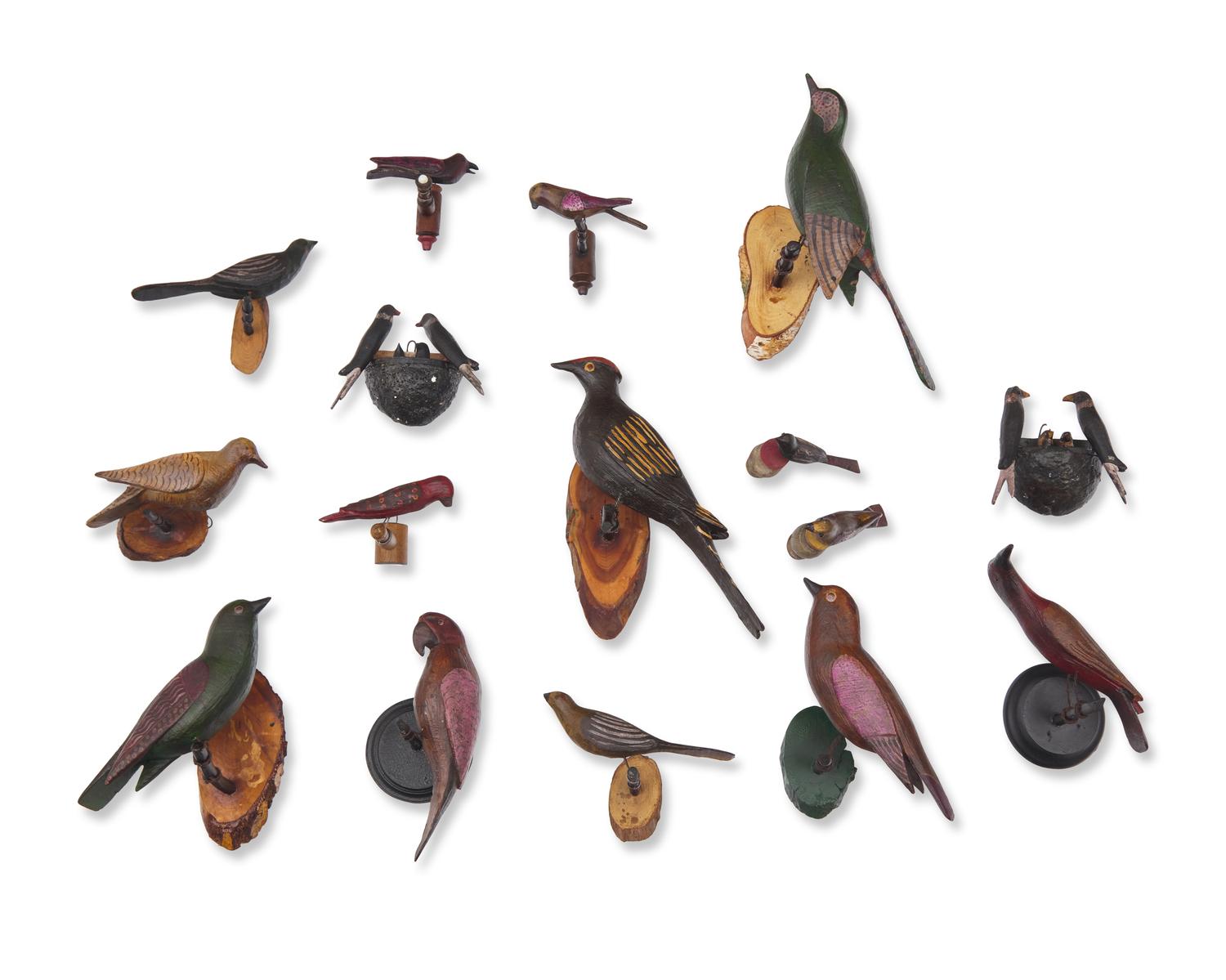 A Group of Sixteen Carved and Painted Wood Birds or Bird Groups