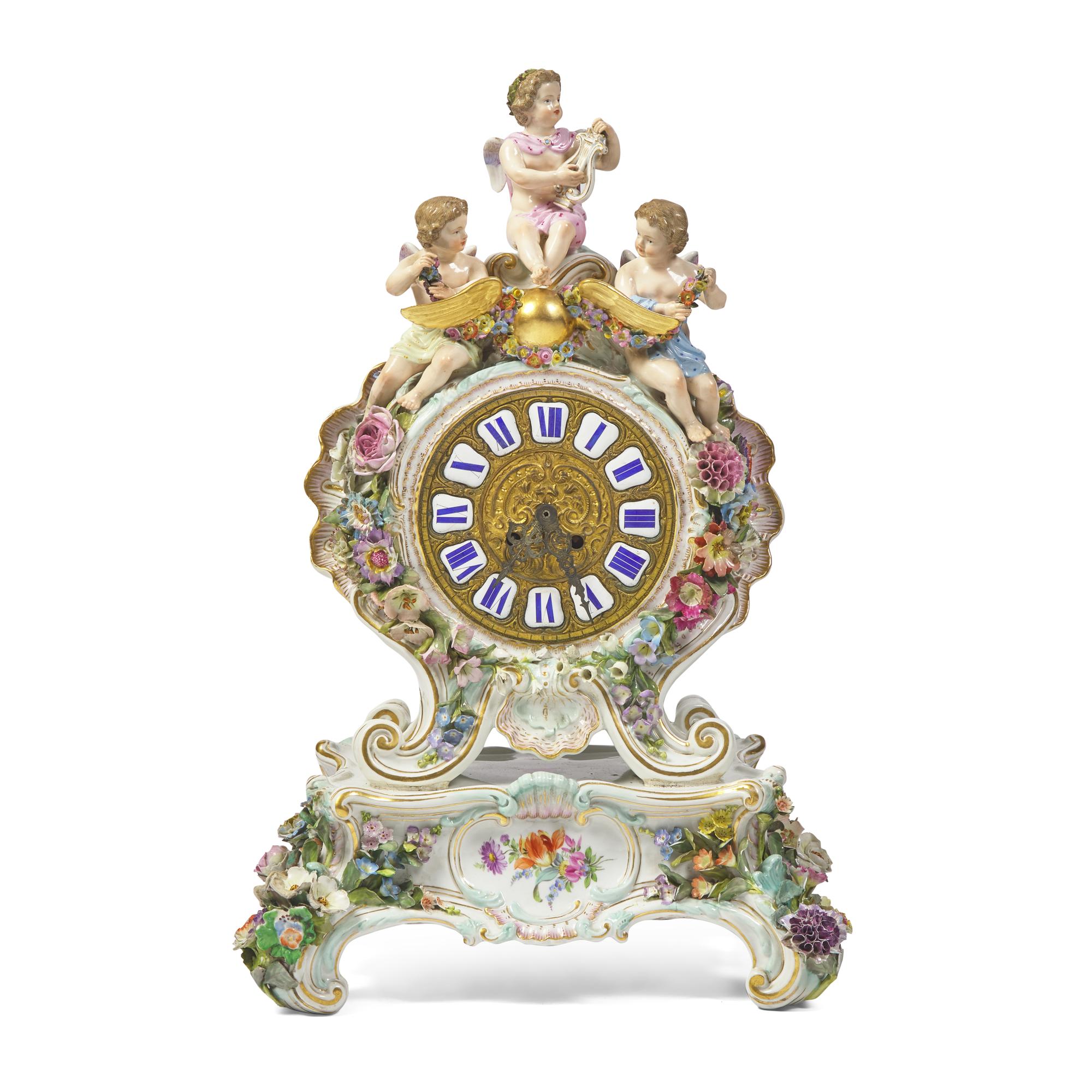 A Meissen Porcelain Mantel Clock Emblematic of Music