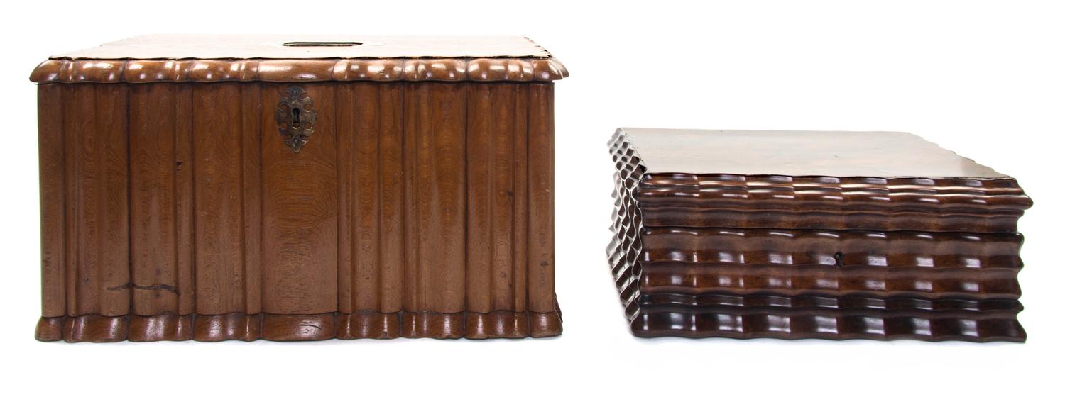 Two English Writing Boxes, Height of larger 9 x width 15 1/2 x depth 12 inches.