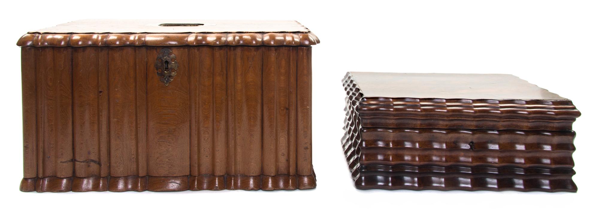 Two English Writing Boxes, Height of larger 9 x width 15 1/2 x depth 12 inches.