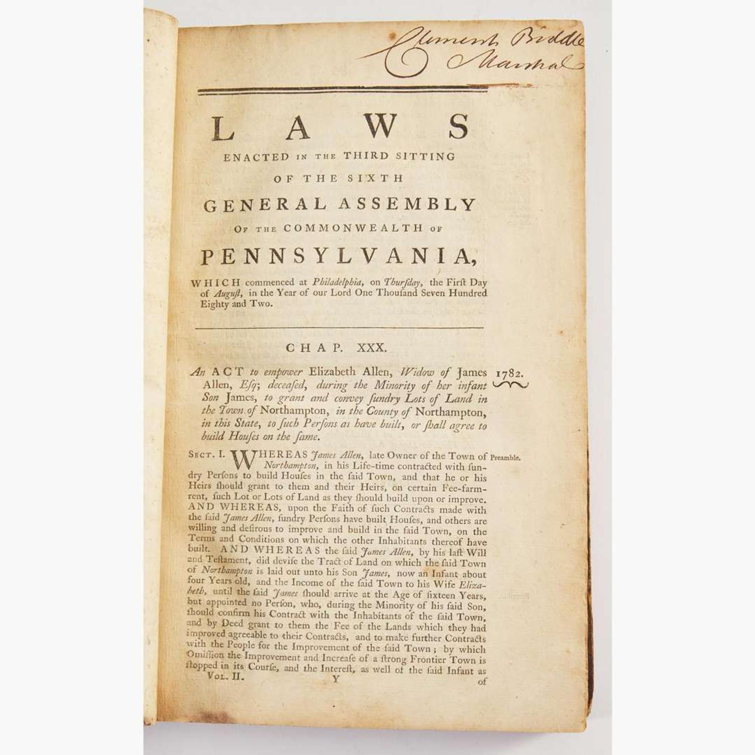 [Pennsylvania] [Biddle, Clement] Laws Enacted in the Sixth General Assembly of the Representatives of the Freemen of the Commonwealth of Pennsylvania...