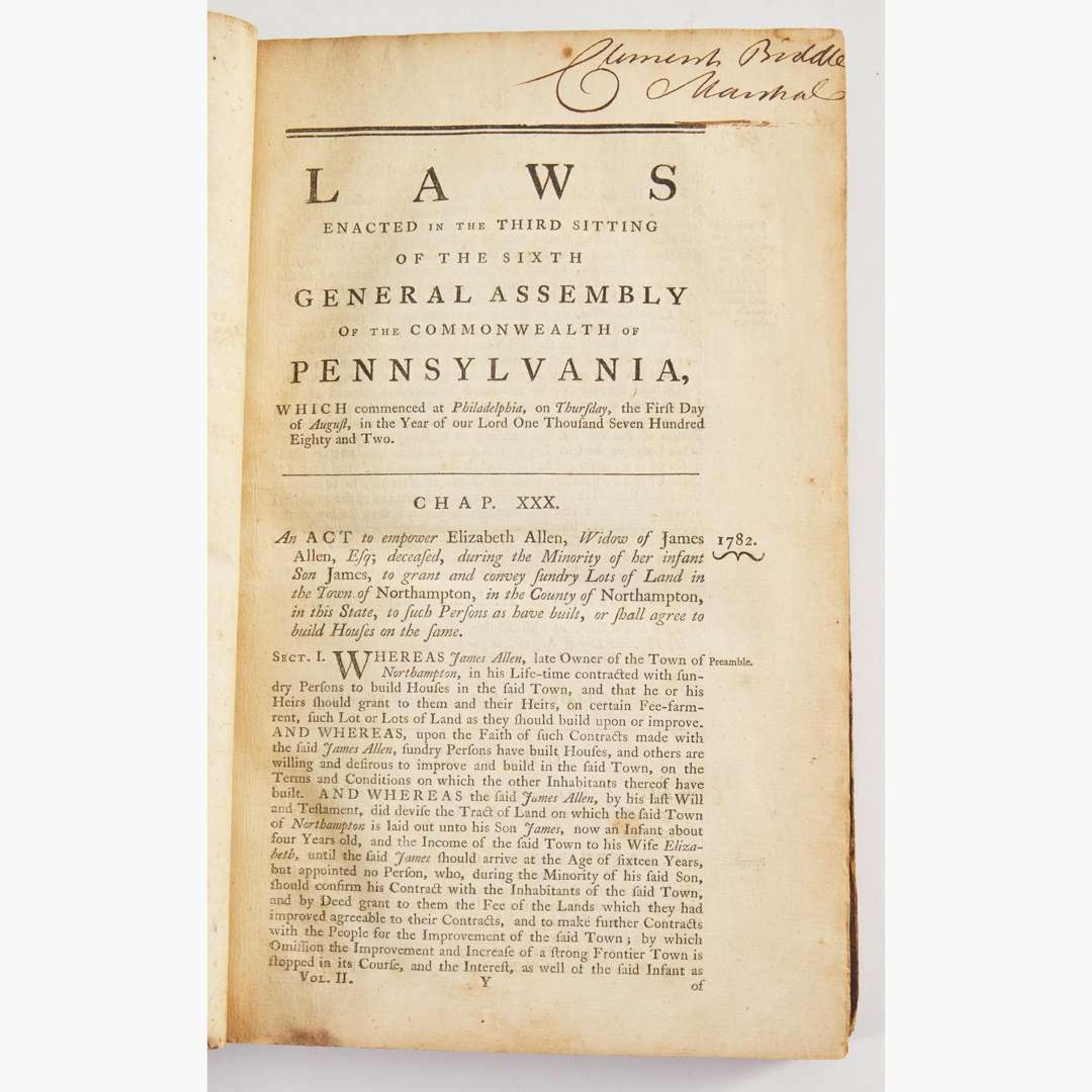 [Pennsylvania] [Biddle, Clement] Laws Enacted in the Sixth General Assembly of the Representatives of the Freemen of the Commonwealth of Pennsylvania...