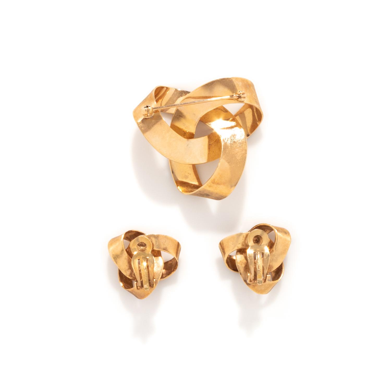 YELLOW GOLD KNOT BROOCH AND EARRINGS