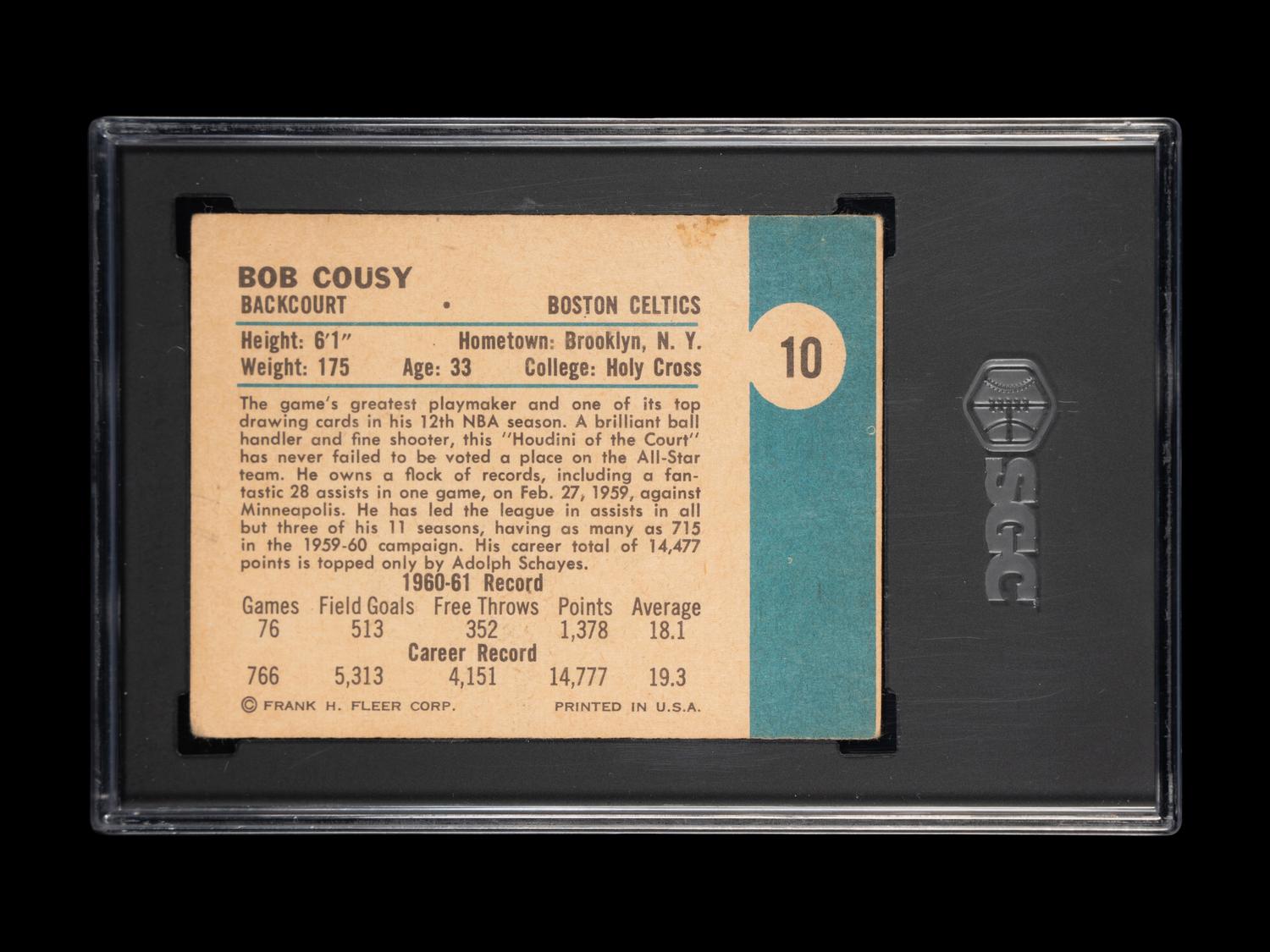 A 1961-62 Fleer Bob Cousy Basketball Card No. 10 (SGC 2 GOOD)