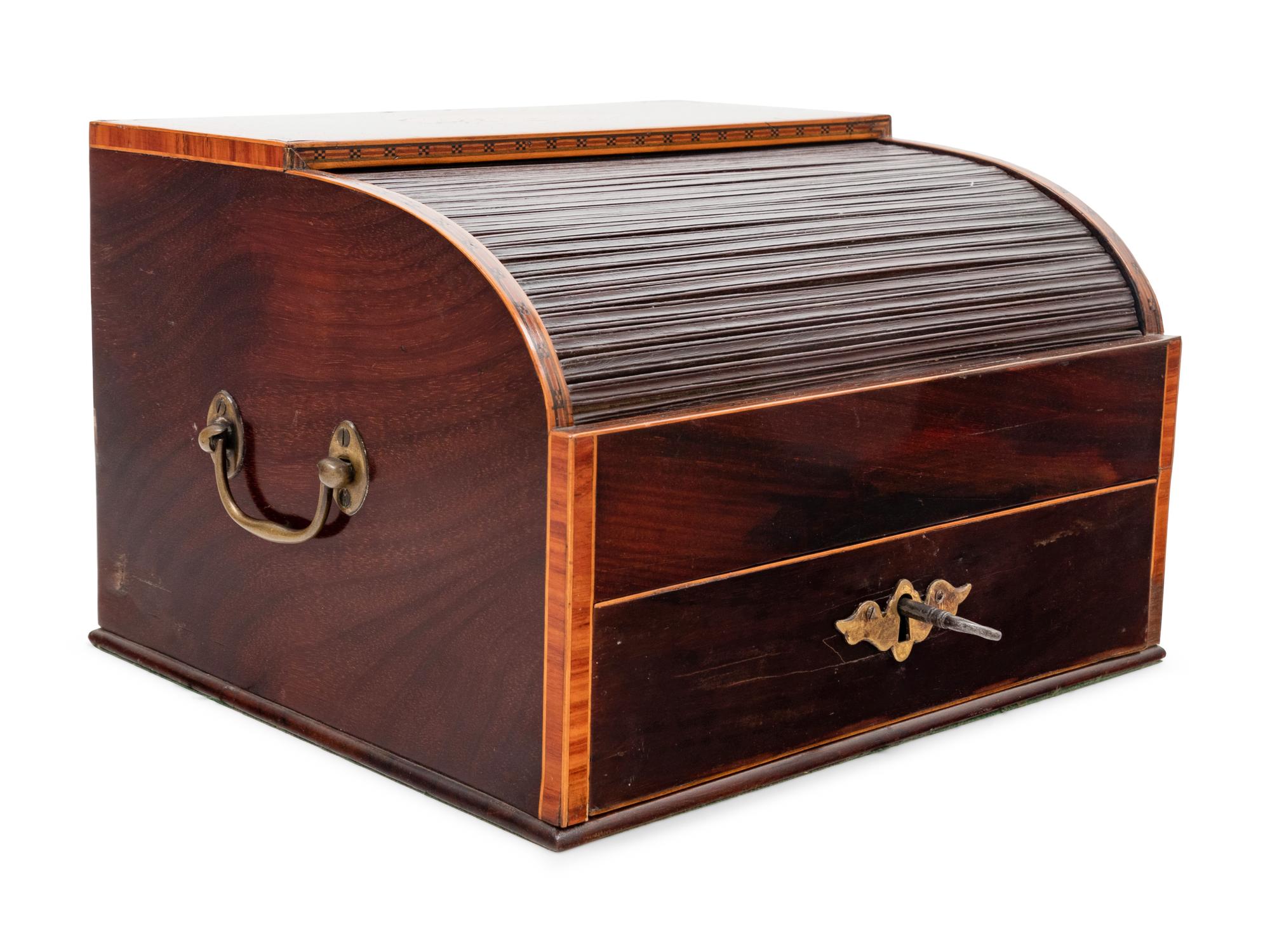 A Regency Marquetry and Parquetry Decorated Mahogany Tambour-Front Writing Box
