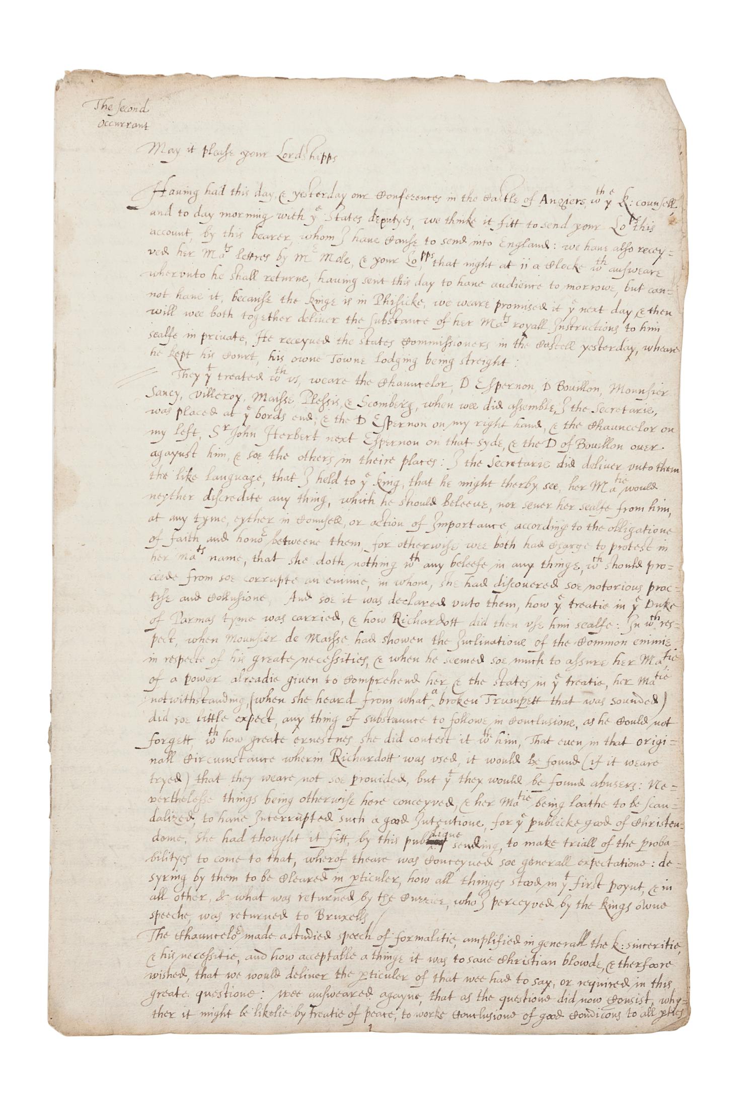 CECIL, Robert, 1st Earl of Salisbury (1563-1612). Manuscript copy of two dispatches by Sir Robert Cecil giving account of his embassy to King Henry IV of France, 23 March 1597 & 27 March 1598. [ca 17th century]. Together 17 pages (302 x 203 mm) on 5 bifolia. Marginal chipping affecting a few letters, creased, some minor soiling.