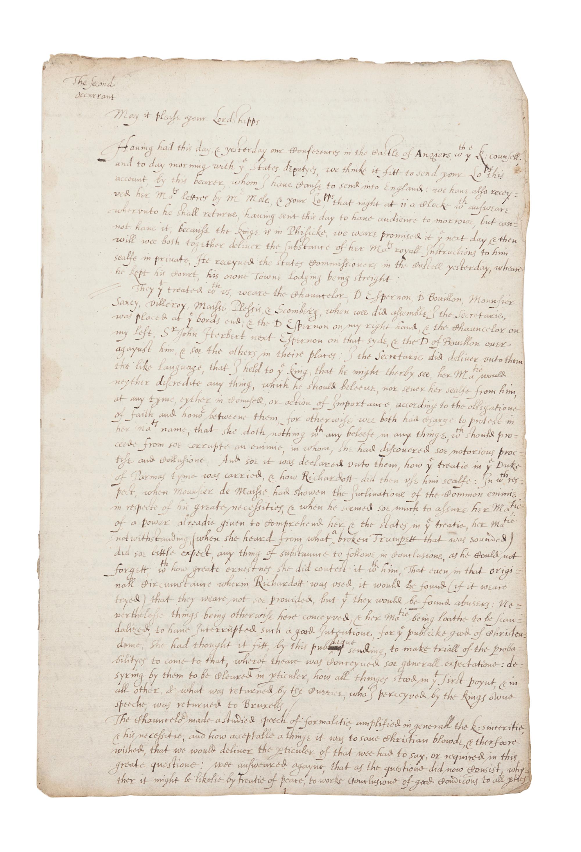 CECIL, Robert, 1st Earl of Salisbury (1563-1612). Manuscript copy of two dispatches by Sir Robert Cecil giving account of his embassy to King Henry IV of France, 23 March 1597 & 27 March 1598. [ca 17th century]. Together 17 pages (302 x 203 mm) on 5 bifolia. Marginal chipping affecting a few letters, creased, some minor soiling.
