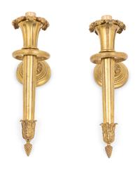 A Pair of Continental Gilt Bronze Single-Light Sconces