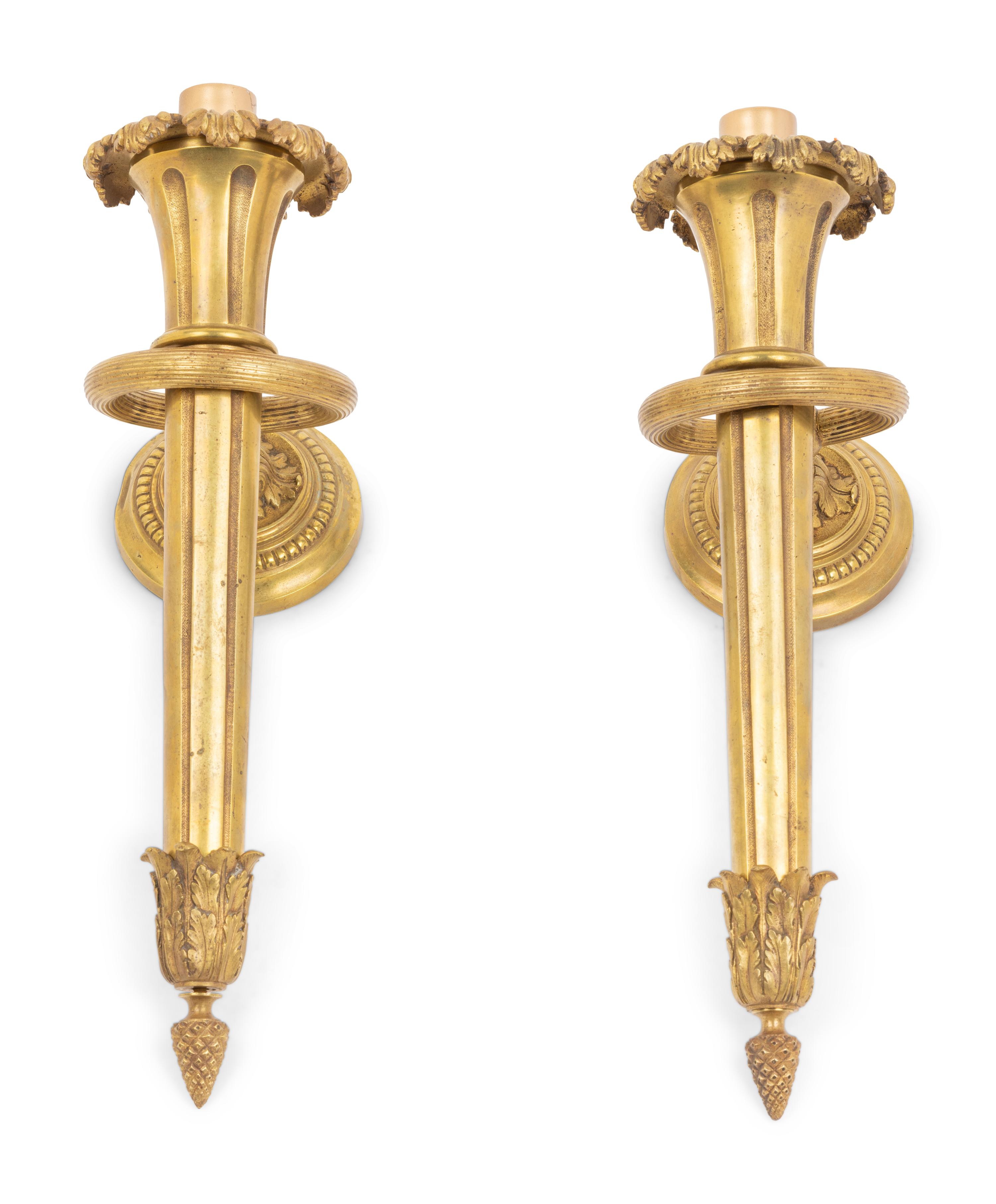 A Pair of Continental Gilt Bronze Single-Light Sconces