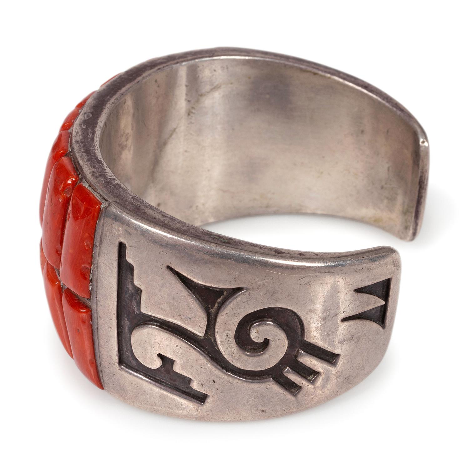 Navajo or Hopi Silver Overlay and Coral Cuff Bracelet