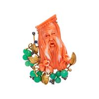CORAL, CHRYSOPRASE AND SAPPHIRE BROOCH