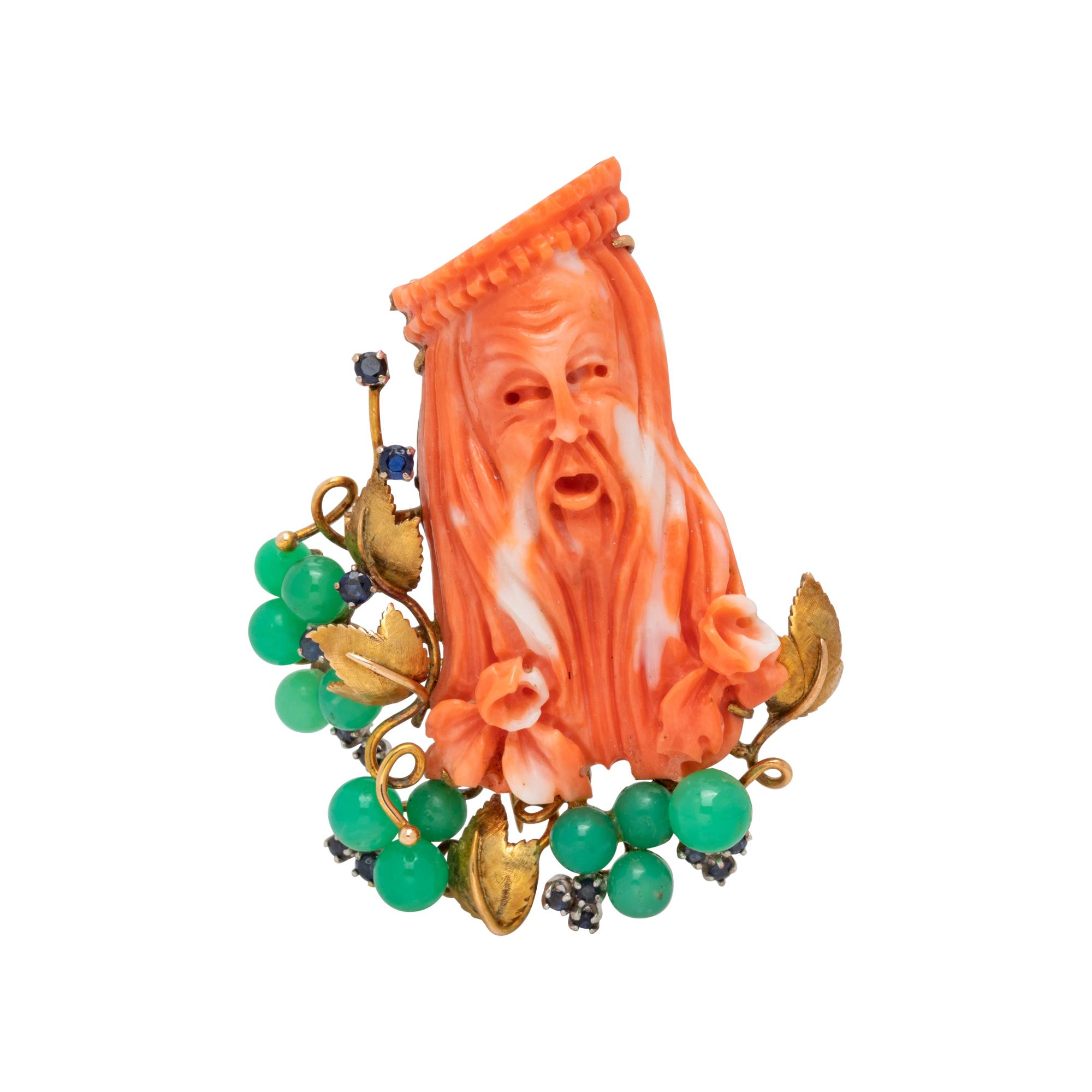 CORAL, CHRYSOPRASE AND SAPPHIRE BROOCH
