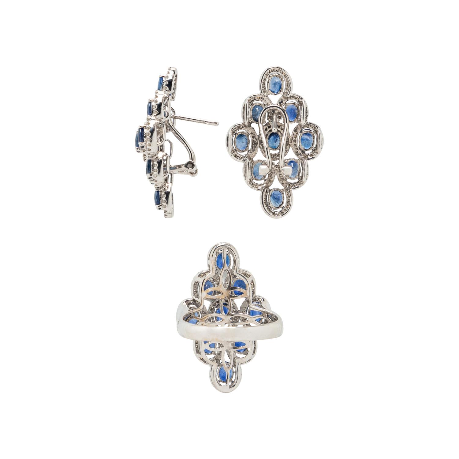 WHITE GOLD, SAPPHIRE, AND DIAMOND RING AND EARRINGS