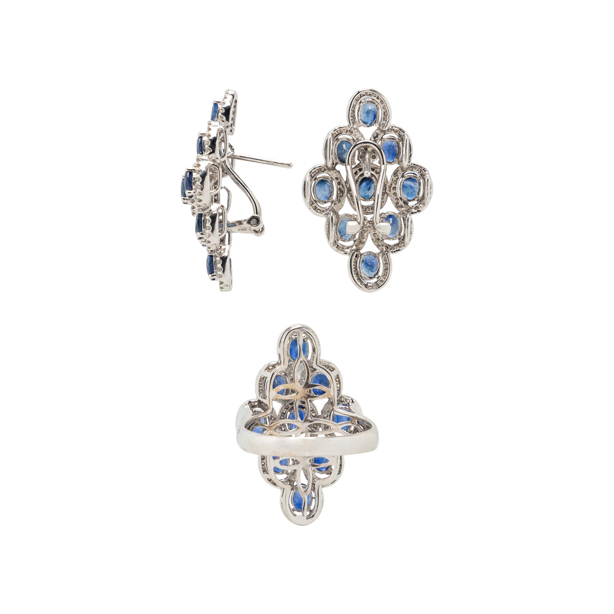 WHITE GOLD, SAPPHIRE, AND DIAMOND RING AND EARRINGS
