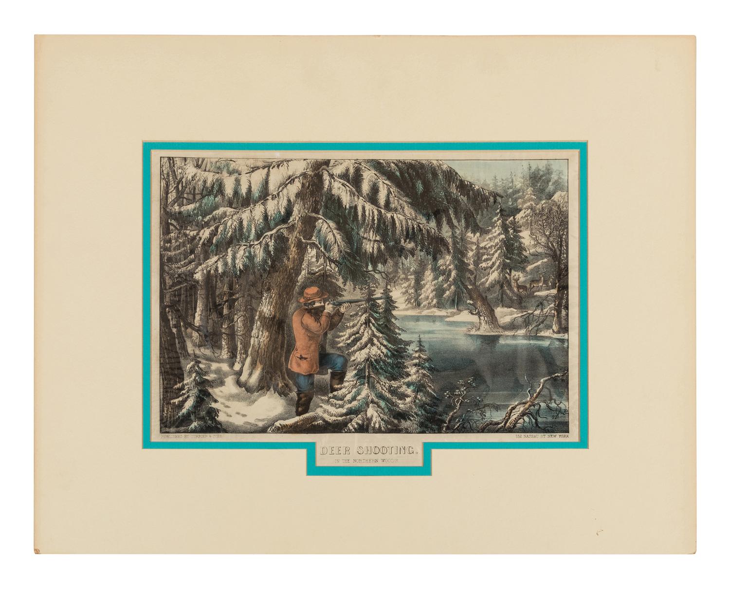 [HUNTING & SPORTING SCENES] -- CURRIER and IVES, publishers Deer Shooting. In the Northern Woods, n.d. (G.1672). -- And another copy. -- Partridge Shooting, No. 174, 1855. (G.5113). -- Partridge Shooting, 1870.(G. 5115). -- Wild Duck Shooting. On the Wing, 1870. (G.7213). -- The Rubber. "Put to His Trumps," n.d. (G.5687).