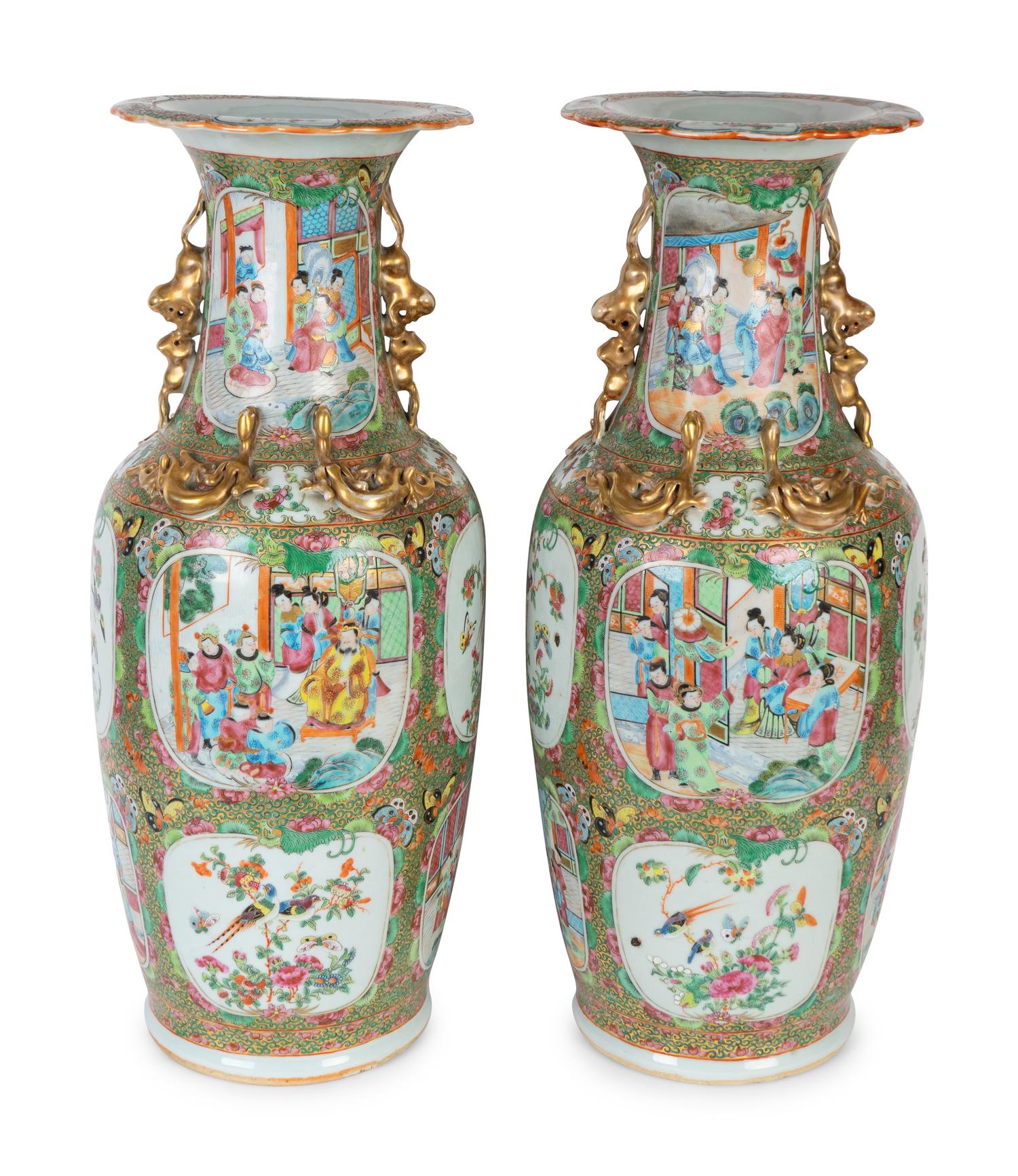 A Pair of Large Rose Medallion Porcelain Vases with Gilt Handles — MID 19TH CENTURY