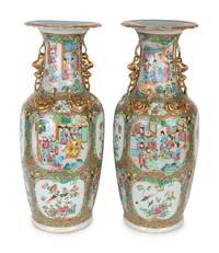 A Pair of Large Rose Medallion Porcelain Vases with Gilt Handles — MID 19TH CENTURY