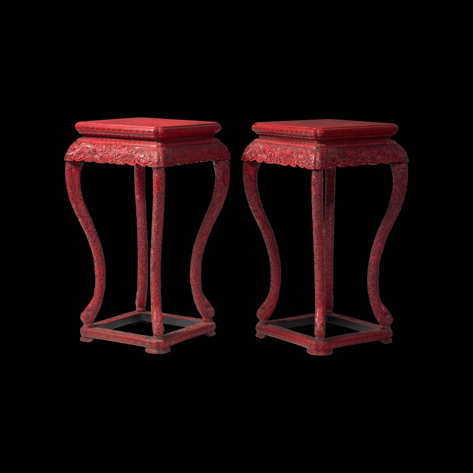 A Pair of Chinese Carved Cinnabar Lacquer Incense Stands, Xiangji 剔紅錦地雲龍紋香幾一對