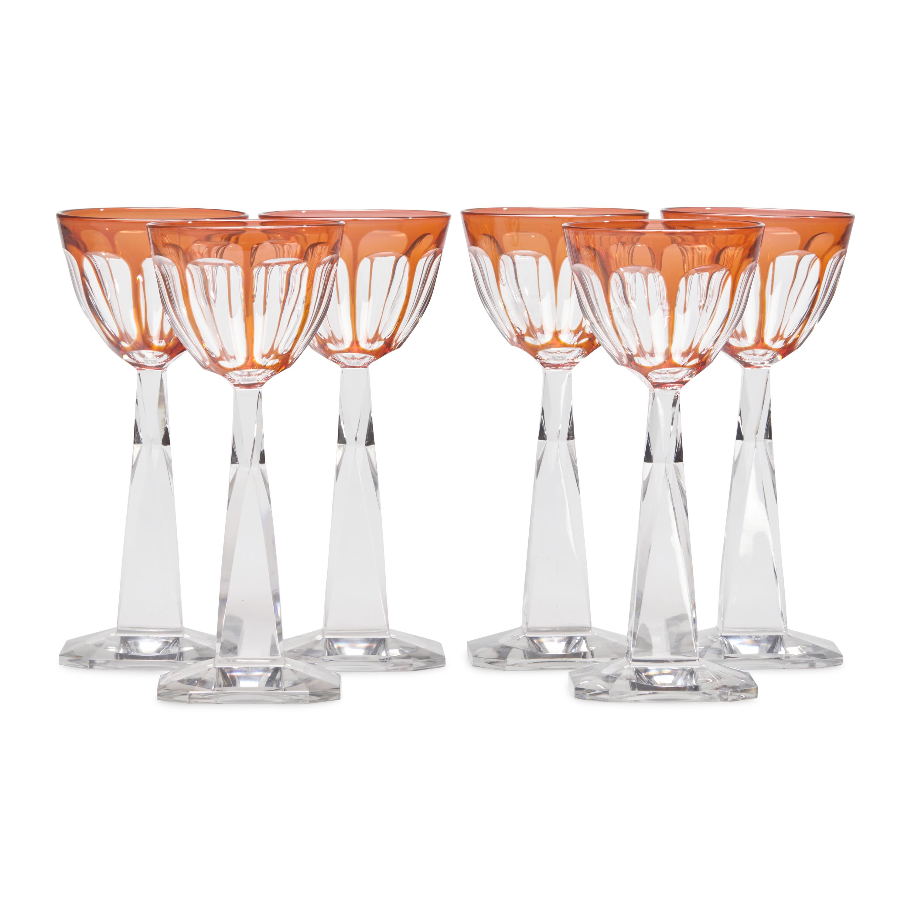 A Set of Six Baccarat Orange Cut-to-Clear Hock Wine Glasses