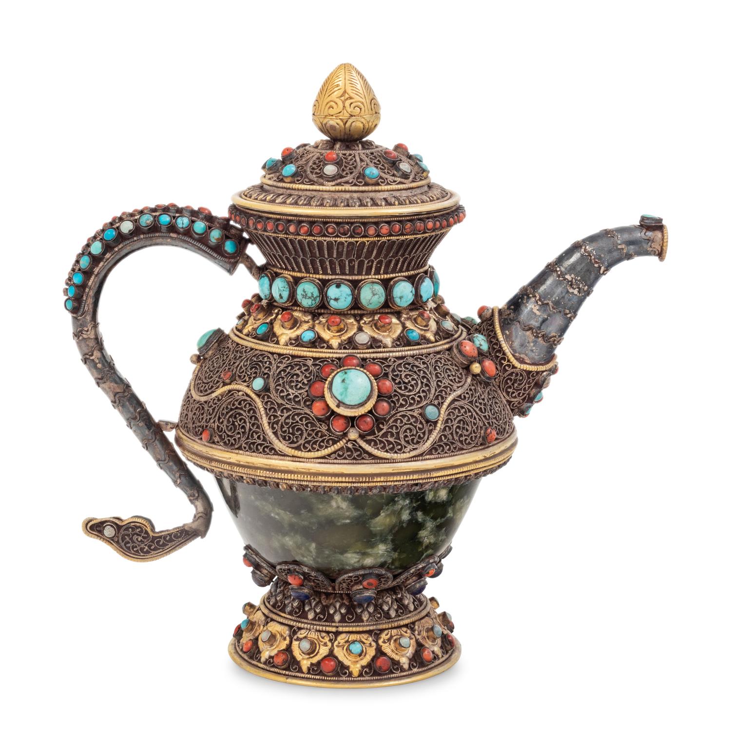A Tibetan or Himalayan Hardstone Mounted Silver Teapot