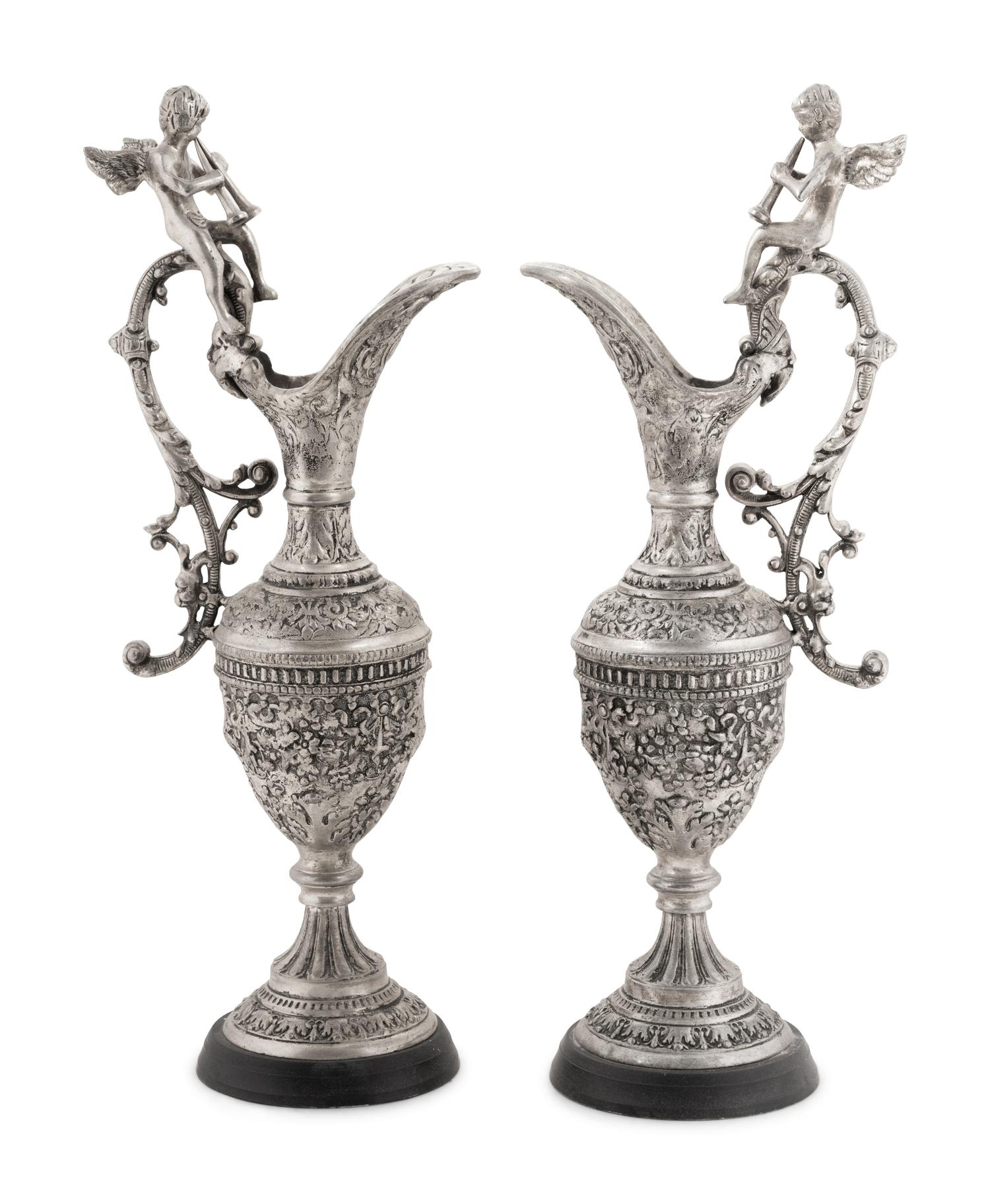 A Pair of Neoclassical Style White Metal Ewers