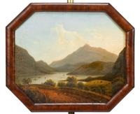 Classical brass and carved mahogany pole screen with Hudson River view circa 1825