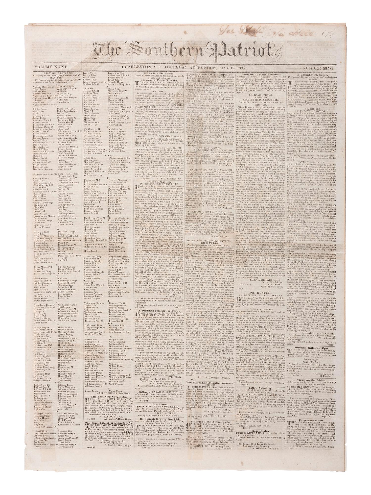 [TEXAS REVOLUTION] Charleston Southern Patriot . Vol. XXXV, No. 56,589. Charleston, SC: 12 May 1836