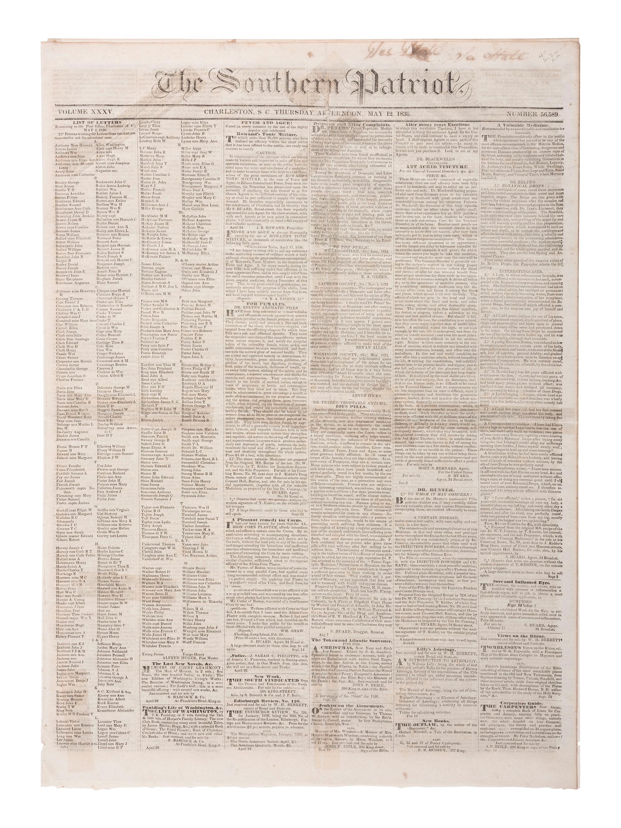[TEXAS REVOLUTION] Charleston Southern Patriot . Vol. XXXV, No. 56,589. Charleston, SC: 12 May 1836