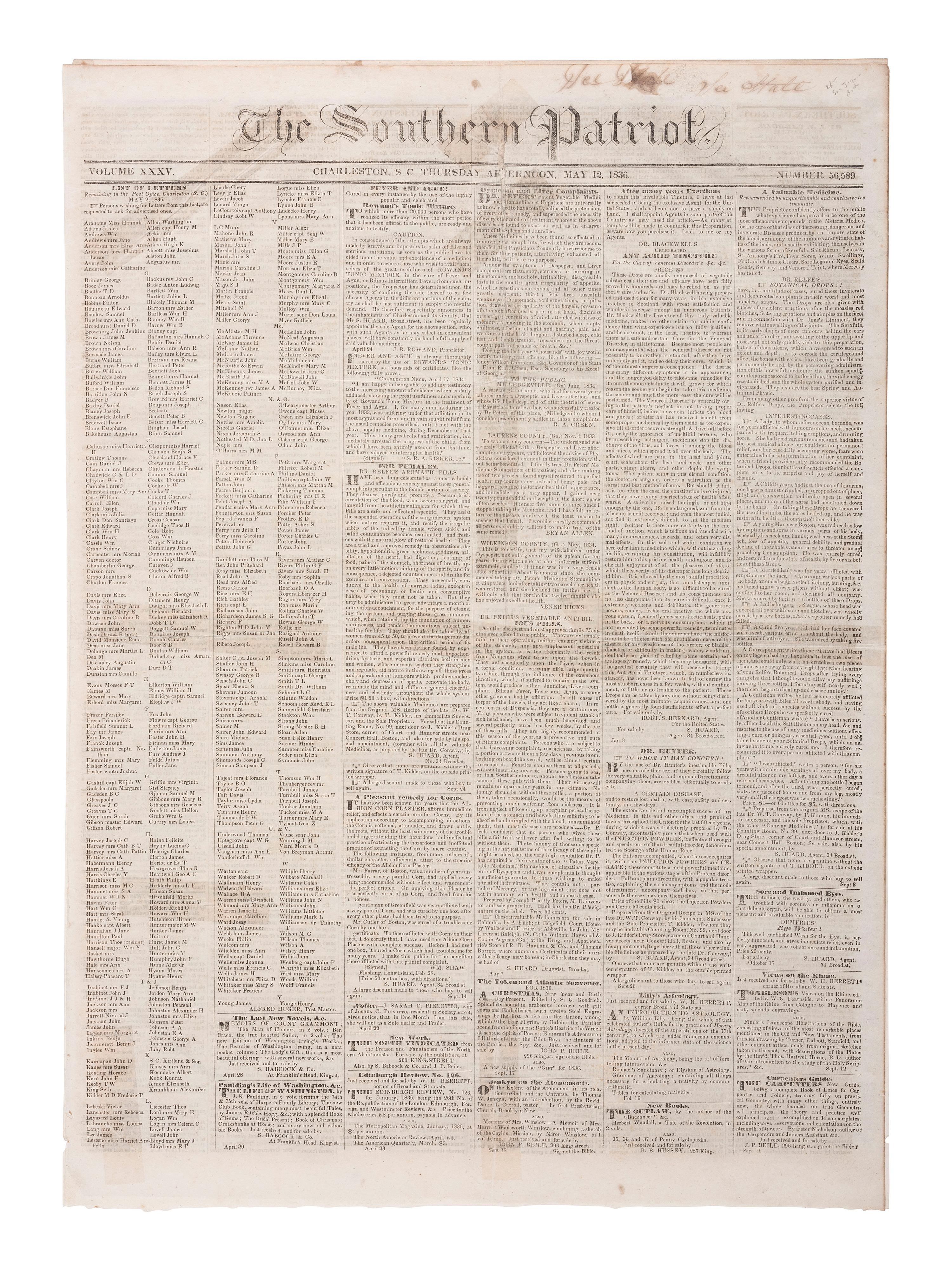 [TEXAS REVOLUTION] Charleston Southern Patriot . Vol. XXXV, No. 56,589. Charleston, SC: 12 May 1836