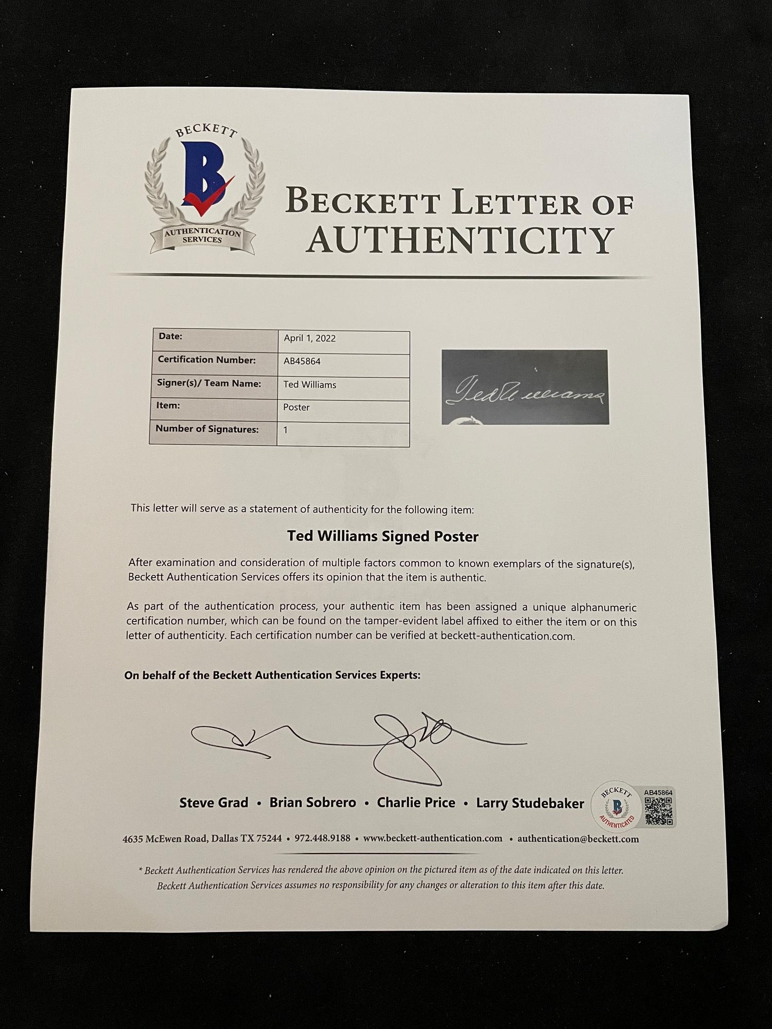 A Ted Williams Signed Autograph Triple Crown Print (Beckett Authentication Services Letter),