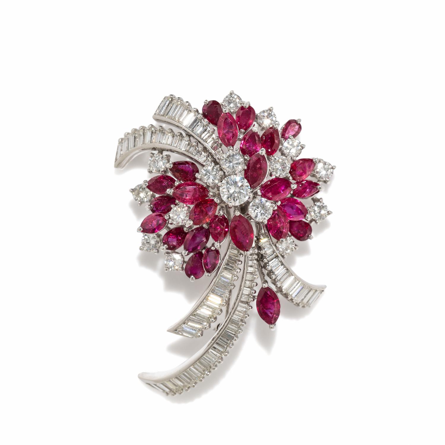 GLASS-FILLED RUBY AND DIAMOND FLOWER BROOCH