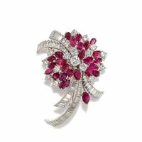 GLASS-FILLED RUBY AND DIAMOND FLOWER BROOCH
