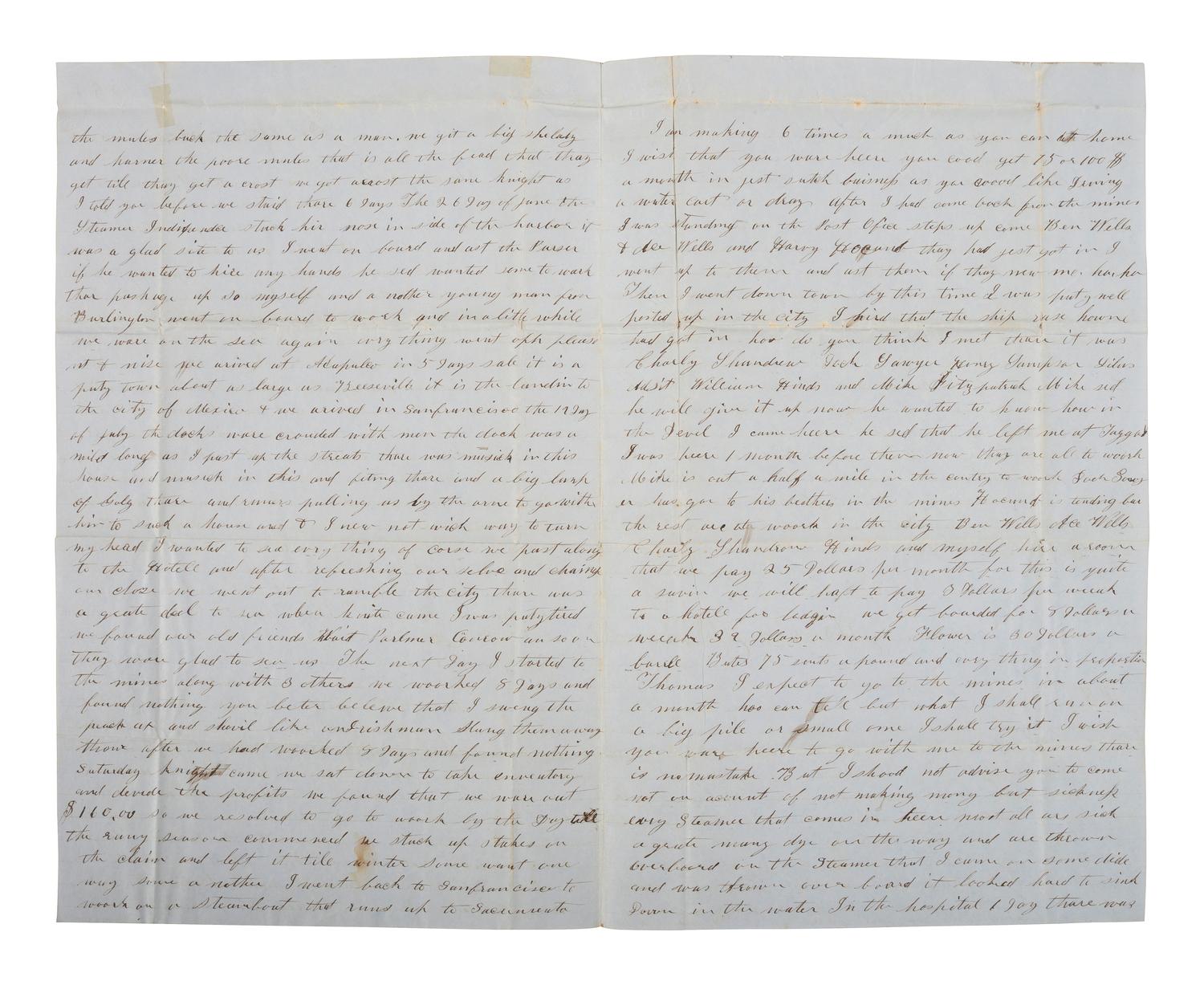 [GOLD RUSH]. ALS describing a voyage to California and a miner's experiences there. September 1852.