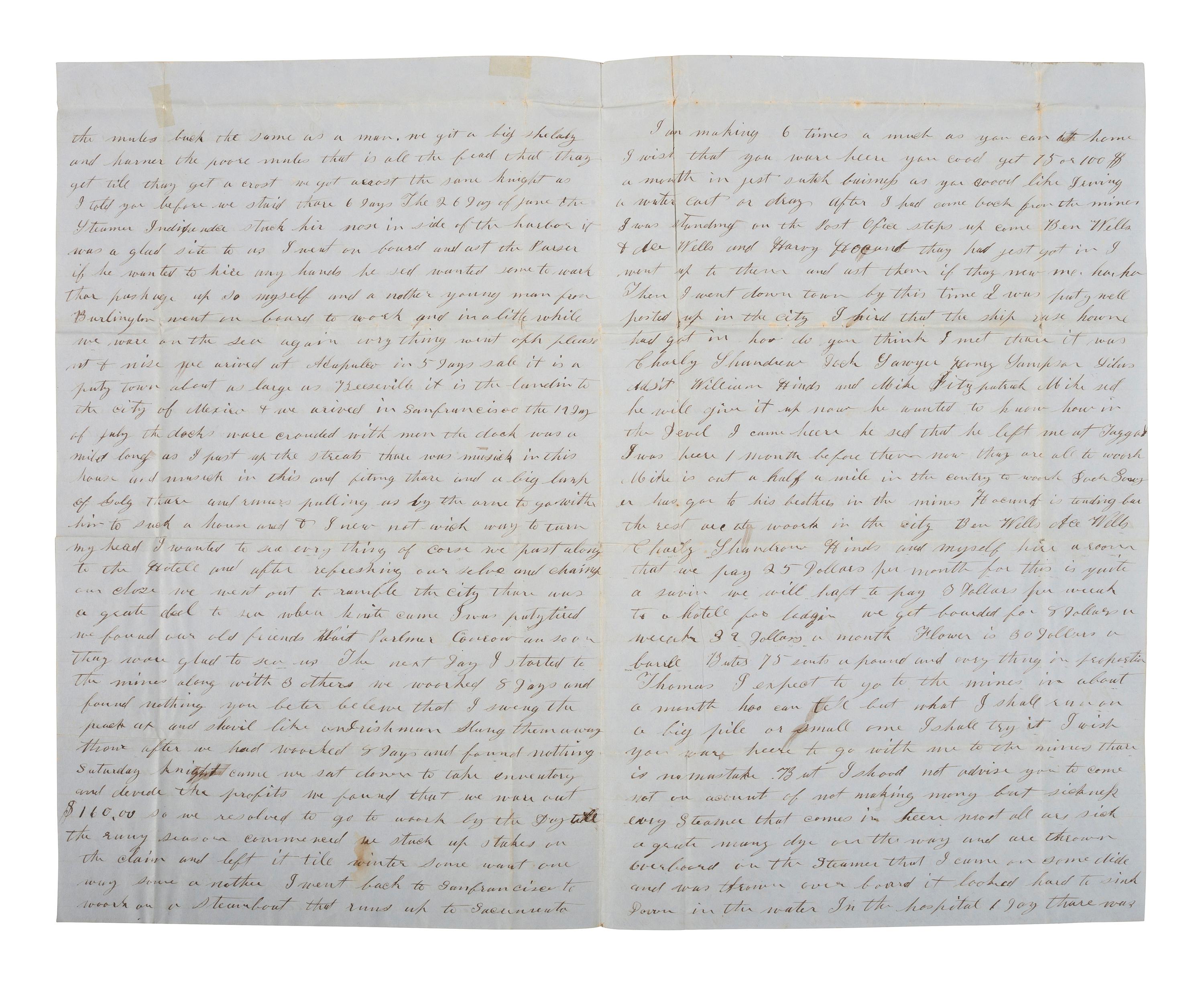 [GOLD RUSH]. ALS describing a voyage to California and a miner's experiences there. September 1852.