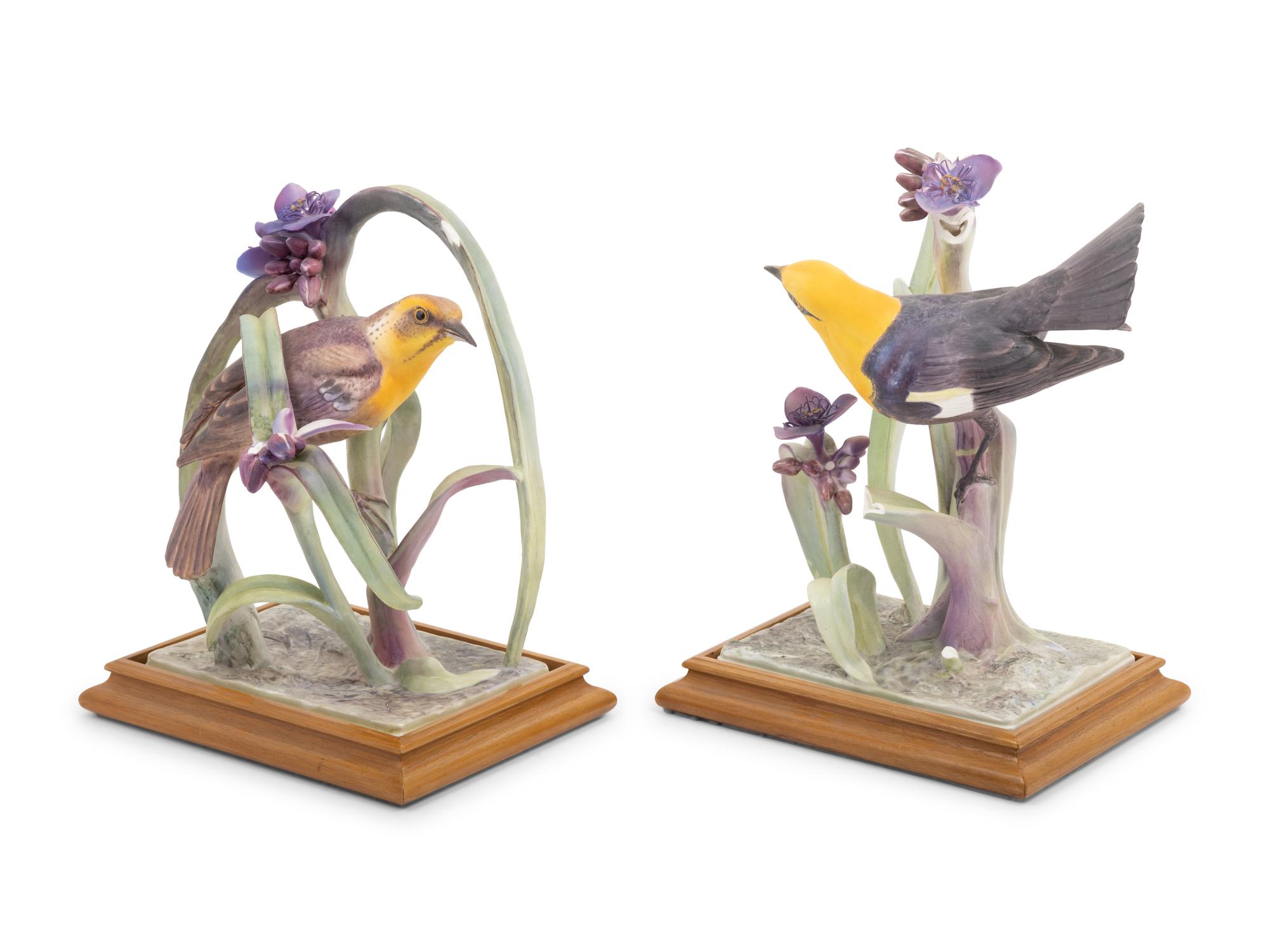 A Pair of Royal Worcester Dorothy Doughty Yellow Headed Blackbirds and Spiderwort Groups