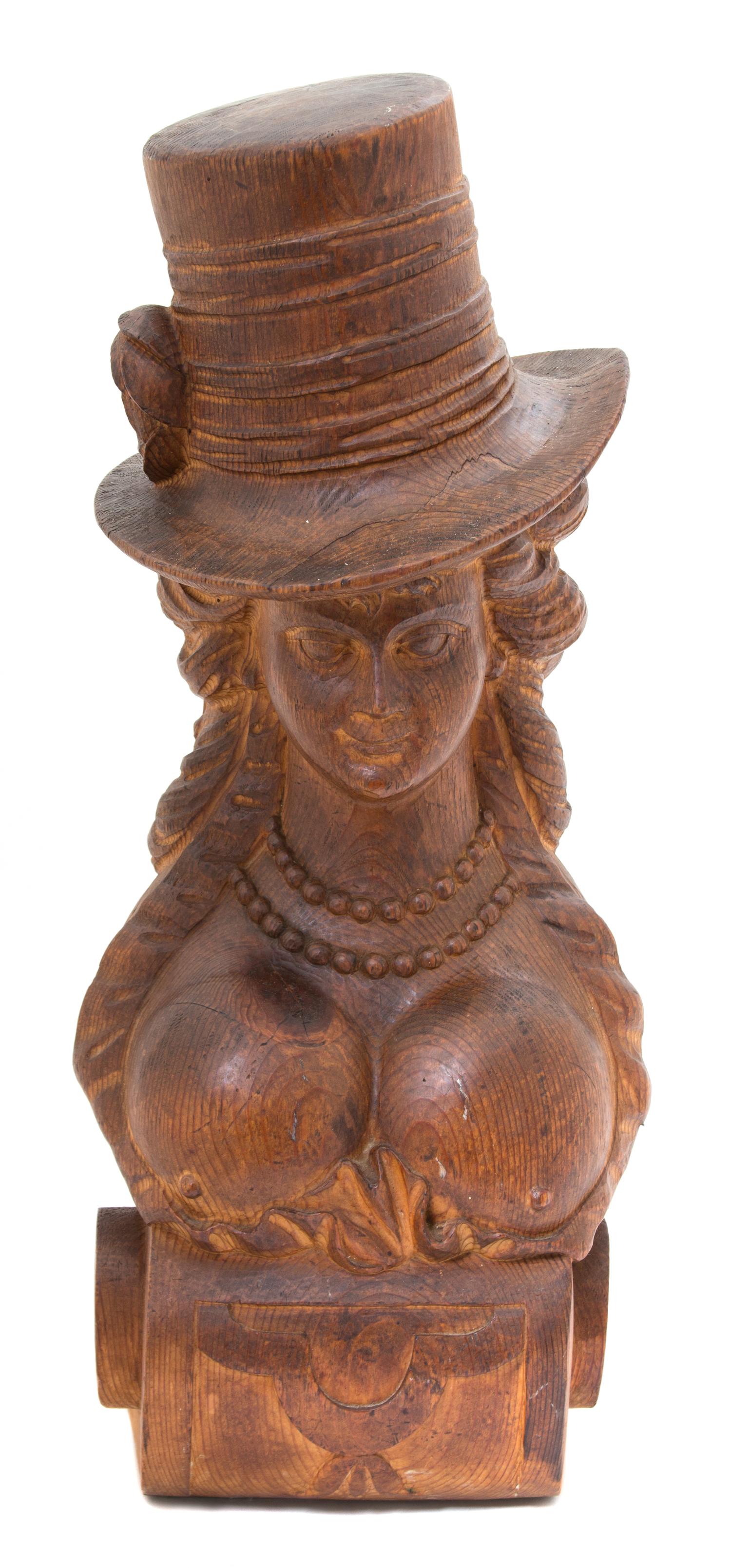 A Portuguese Carved Wood Bust of Woman in Top Hat Height 18 inches. — 18TH CENTURY