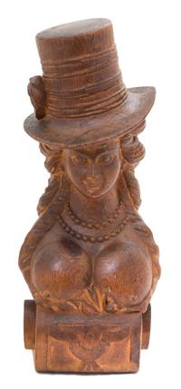 A Portuguese Carved Wood Bust of Woman in Top Hat Height 18 inches. — 18TH CENTURY