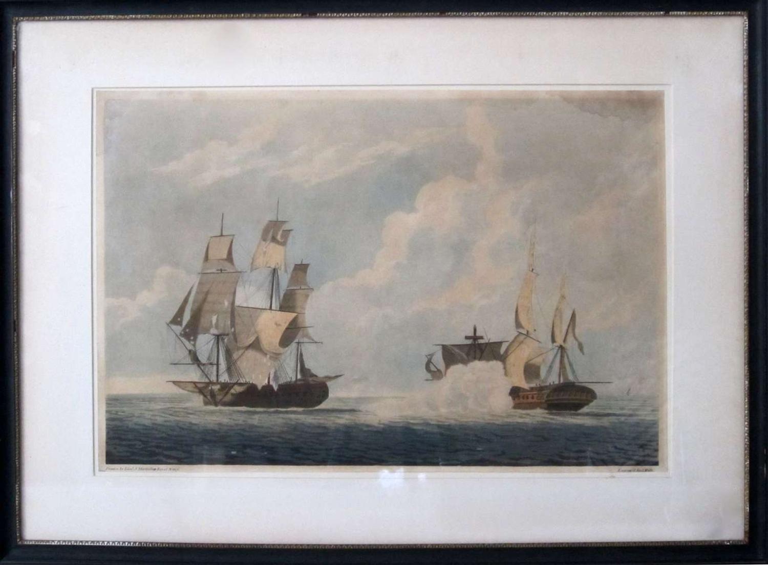 Two aquatints: After Lieut J. Mackellar, Royal Navy (late 18th century) "commencement of action between the french frigate la reunion and h.m.s. crescent"
