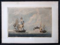 Two aquatints: After Lieut J. Mackellar, Royal Navy (late 18th century) "commencement of action between the french frigate la reunion and h.m.s. crescent"