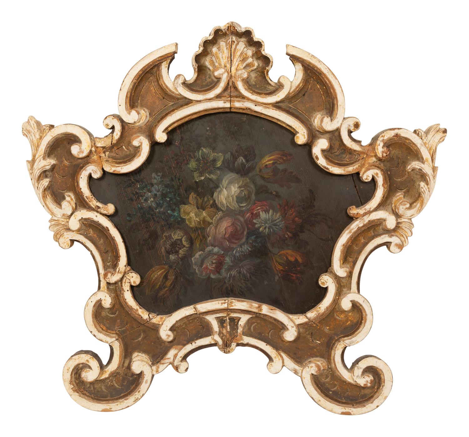 An Italian Floral Painted Panel in a Painted and Parcel Gilt Rococo Frame