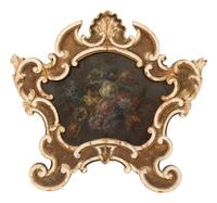 An Italian Floral Painted Panel in a Painted and Parcel Gilt Rococo Frame