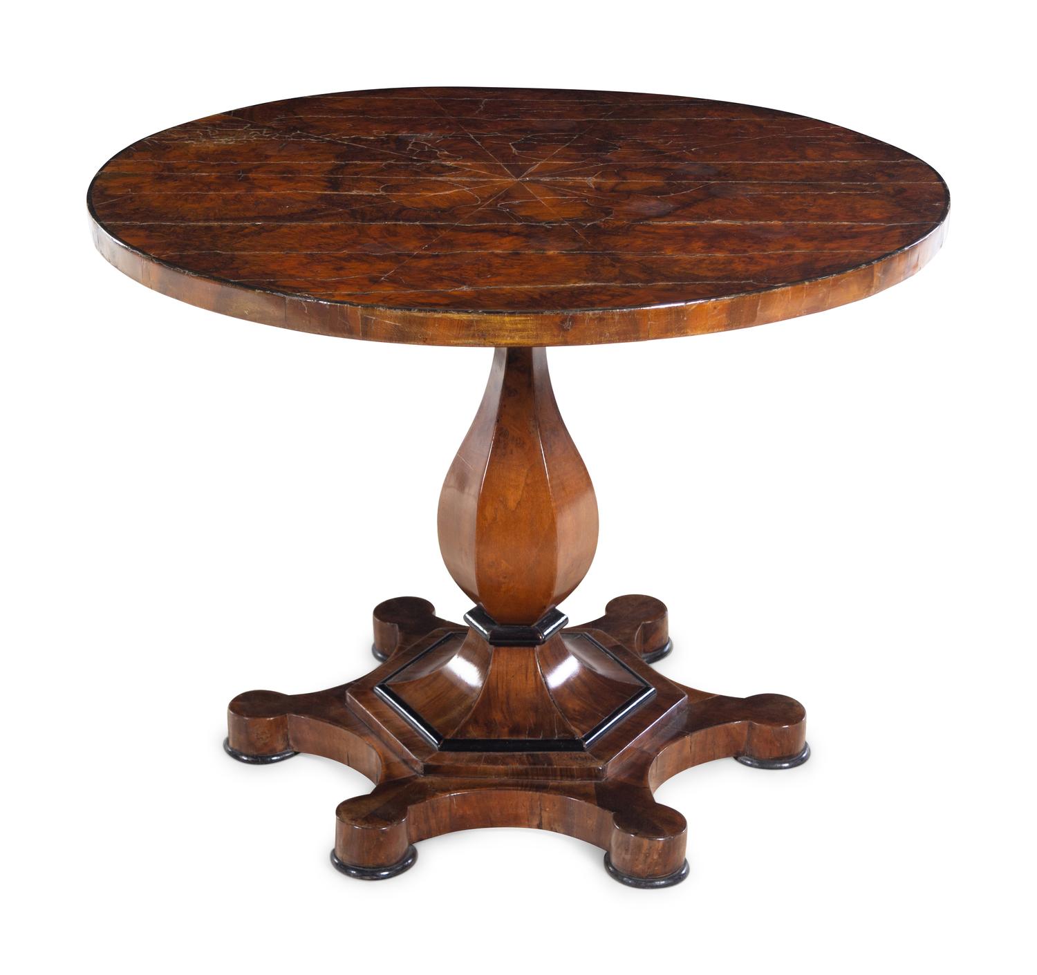 A Biedermeier Parcel Ebonized Burl Walnut Center Table