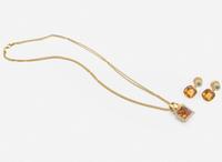 A Set of 18K Yellow Gold, Citrine, and Gemstone Earrings and Necklace