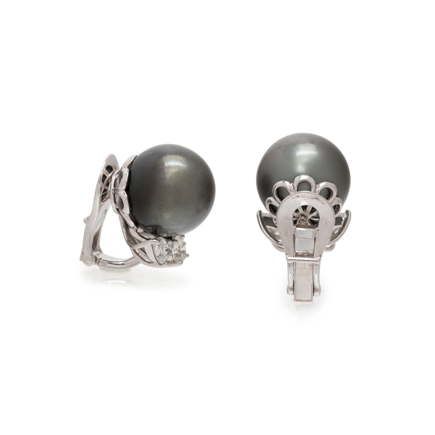 CULTURED TAHITIAN PEARL AND DIAMOND EARCLIPS