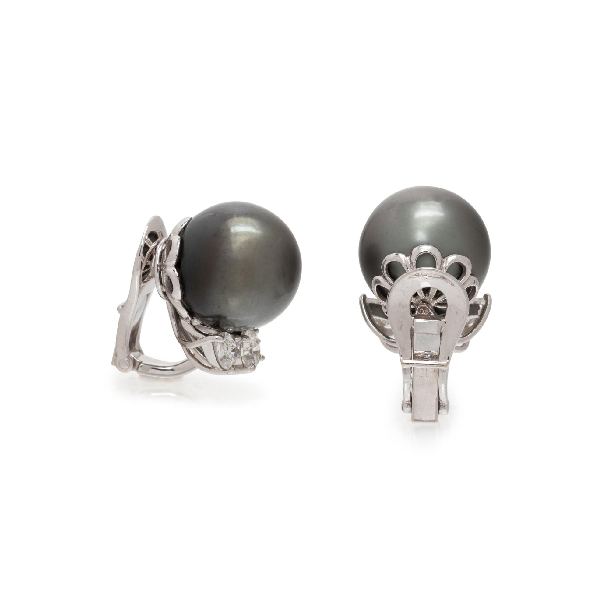 CULTURED TAHITIAN PEARL AND DIAMOND EARCLIPS
