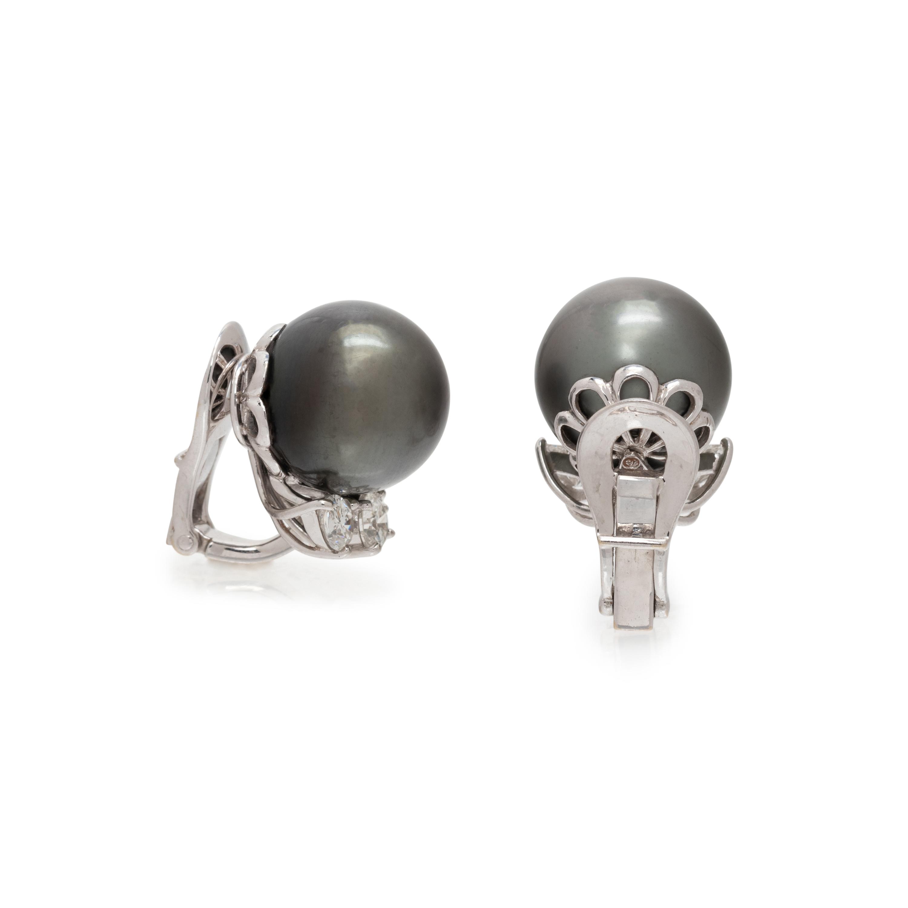 CULTURED TAHITIAN PEARL AND DIAMOND EARCLIPS