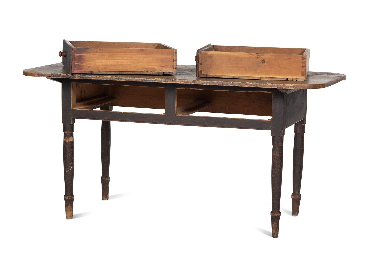 A Country Federal Red-Stained and Black Painted Cherrywood Two-Drawer Scrubbed Top Work Table