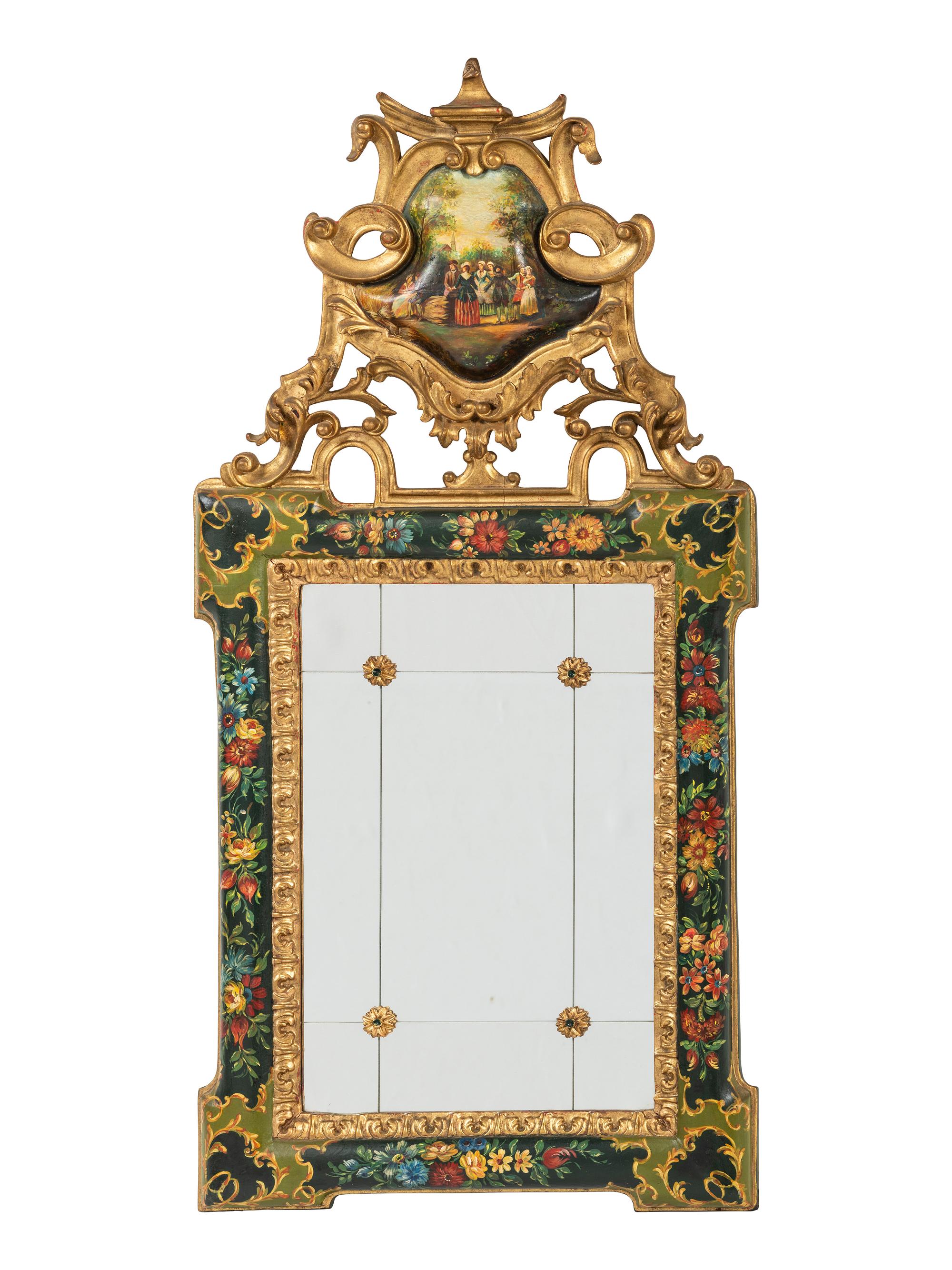 A Venetian Painted and Gilt Mirror with Courtship Scene
