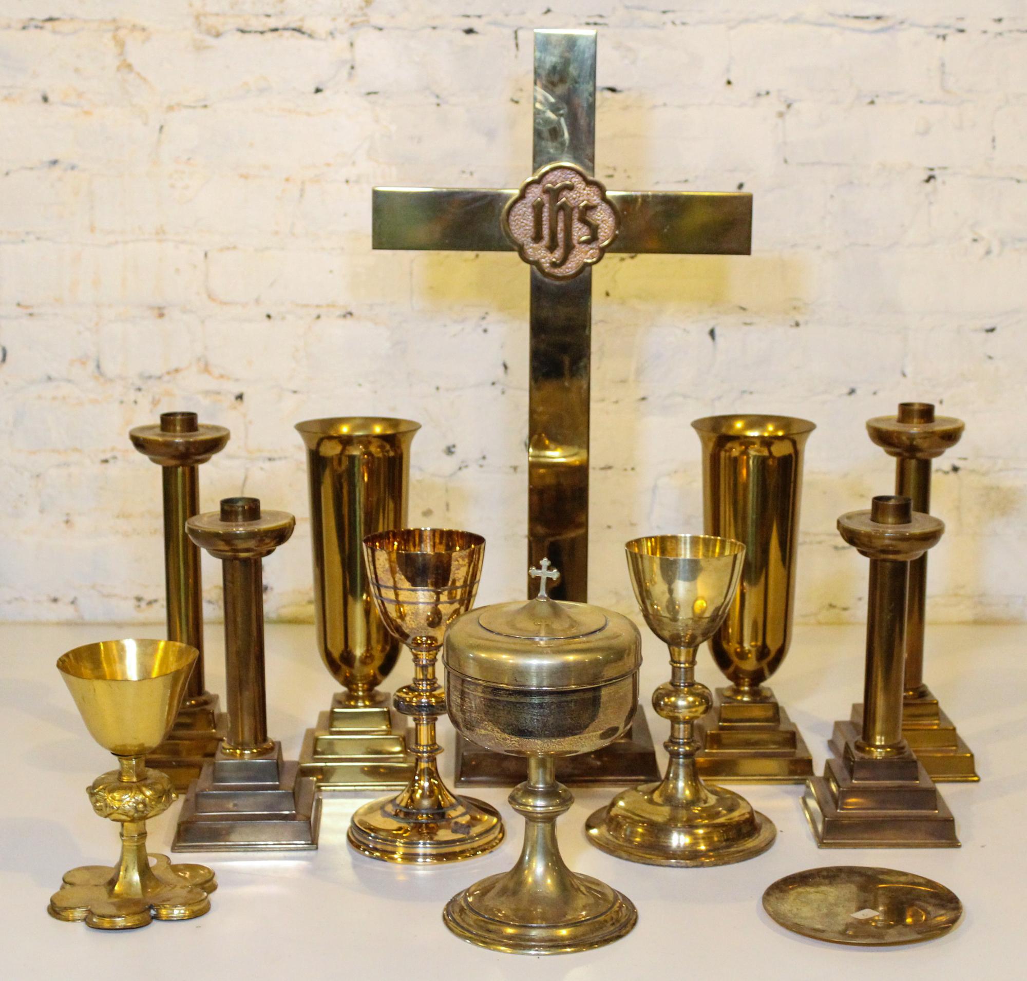 A Collection of Gilt Metal Ecclesiastical Articles Height of tallest 23 3/4 inches.